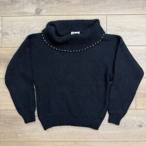 SML Sport Angora Blend Rhinestone Cowl Neck Black Sweater Soft Knit Size L